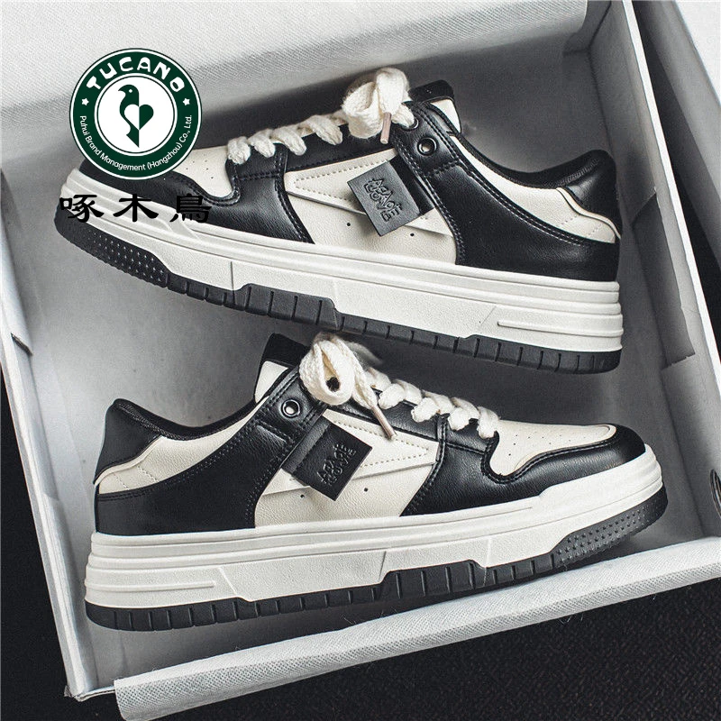 啄木鸟春秋板鞋男款休闲鞋潮牌黑白熊猫小众设计感滑板鞋超轻厚底