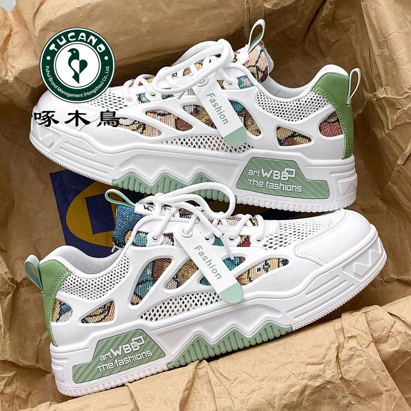 正品啄木鸟男鞋夏季2024新款透气百搭薄款板鞋轻便网面运动鞋白鞋