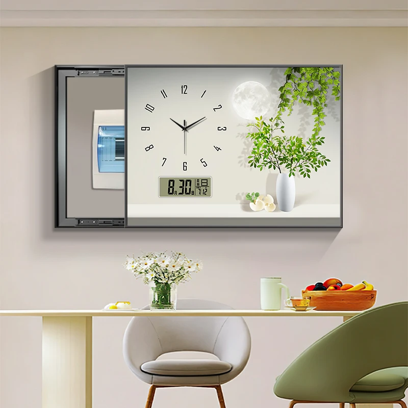 免打孔电表箱装饰画 小清新绿植餐厅配电箱万年历时钟遮挡画带钟