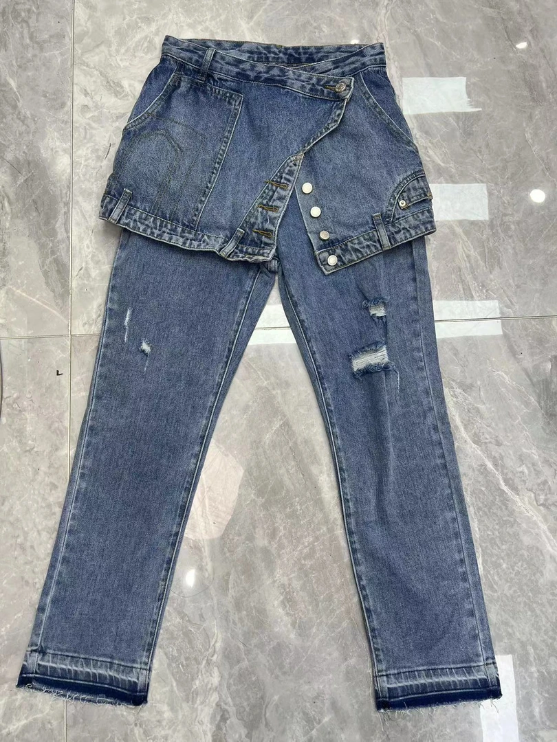 【晨浠定制】新款时尚设计感毛边破洞假两件牛仔裤3911