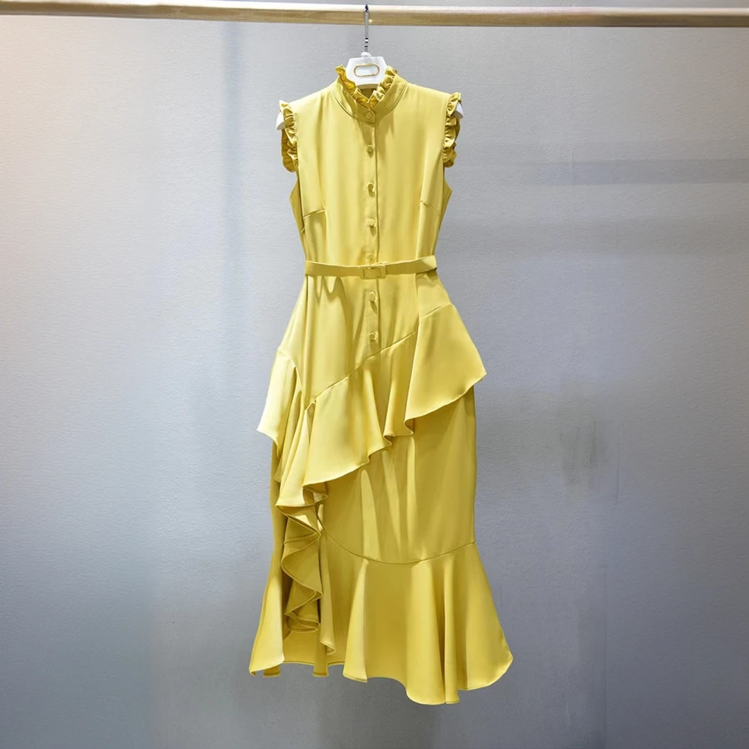 【晨浠定制】新款时尚气质无袖不规则连衣裙1162