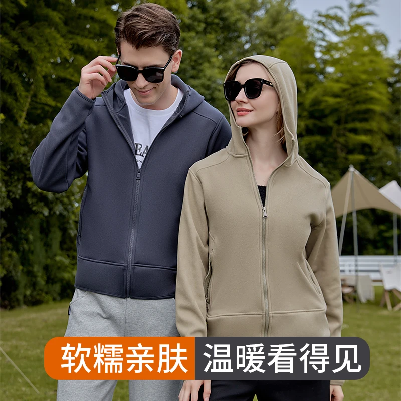 抓绒衣男女秋冬新款连帽开衫保暖内衣加绒摇粒绒情侣外套