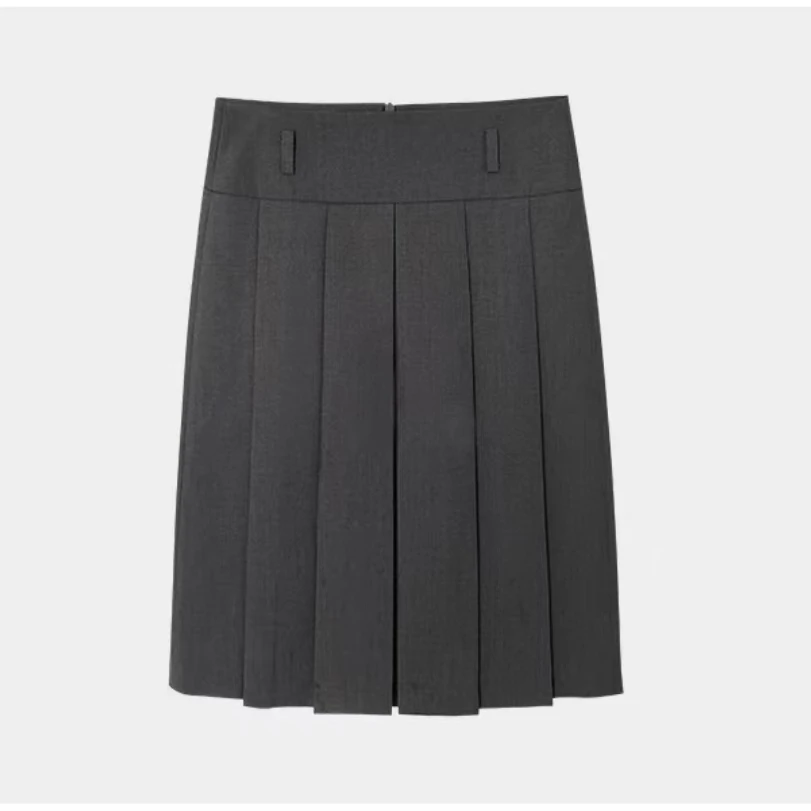 【1066】56CM灰色及膝百褶裙 2025秋冬新款高腰半身裙 百搭休闲裙子