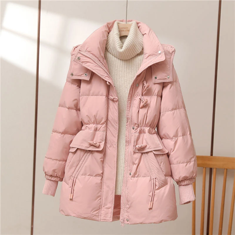 2023年冬新款羽绒服女中长款韩版连帽加厚气质修身白鸭绒保暖外套