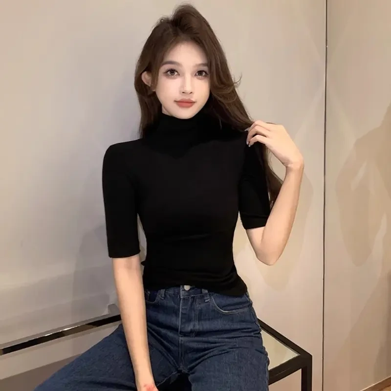 黑色高级感气质半高领修身打底衫五分袖上衣中袖T恤女款夏秋内搭