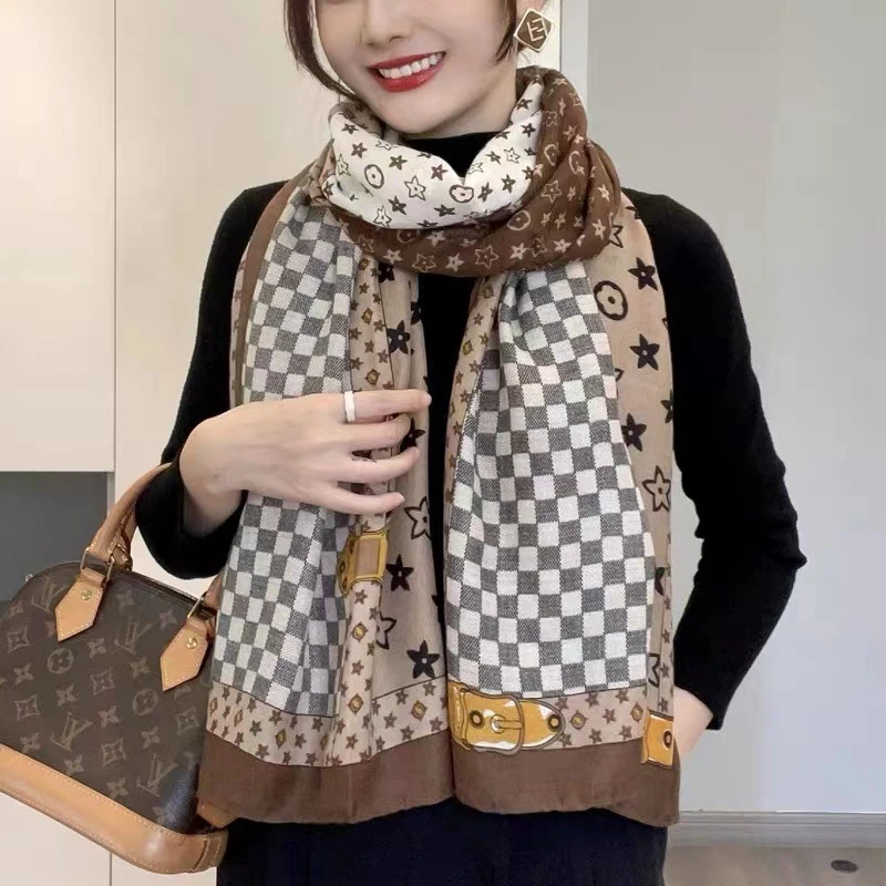 2023秋冬新款韩版气质格纹星星图案围巾百搭披肩两用薄款大方时尚