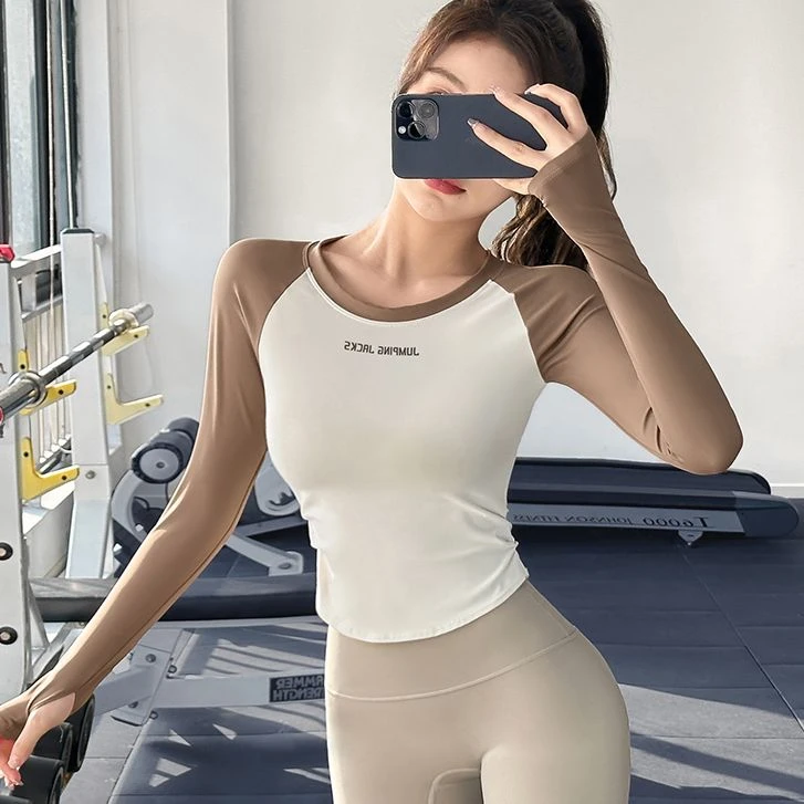 【姗姗快跑】32072 瑜伽服女春夏季新款紧身运动上衣跑步训练长袖