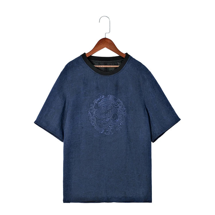 88255 男士双面T恤+绣花夏季复古桑蚕丝龟裂纹香云纱休闲圆领短袖