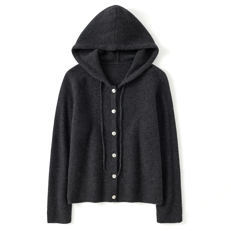 羊绒带帽针织毛衣女士连帽山羊绒帽衫女秋冬长袖针织宽松加厚纯色