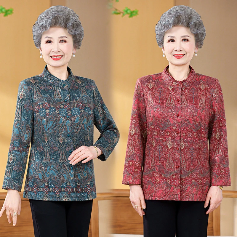 春秋新款奶奶装木耳边小立领长袖图腾印花衬衫衬衣70岁老太太上衣
