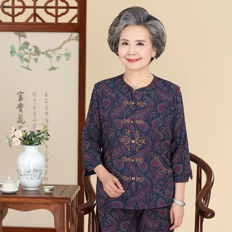 中老年人夏装套装女妈妈棉绸两件套奶奶老人服老太太春秋七分袖