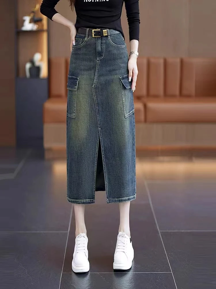 【慕妍专属】2378（裙长78）秋款a字前开叉工装中长款牛仔半身裙