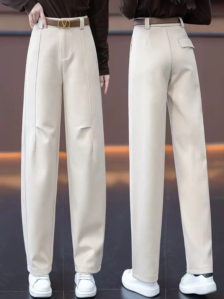 【慕妍专属】401（裤长100左右）加绒加厚毛呢直筒弯刀香蕉休闲裤