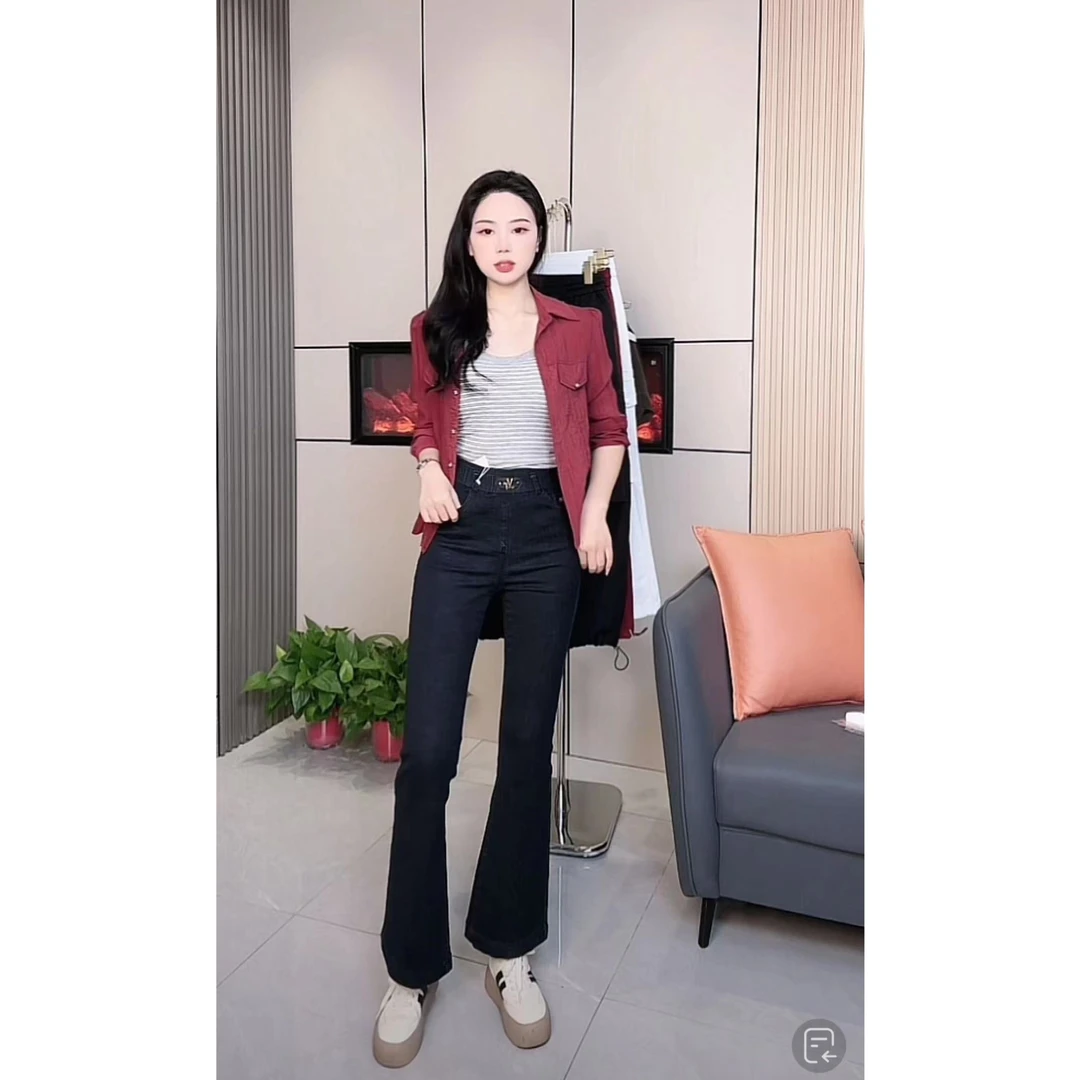 【慕妍专属】2876（裤长100）秋冬款高腰显瘦弹力直筒马蹄微喇牛仔裤