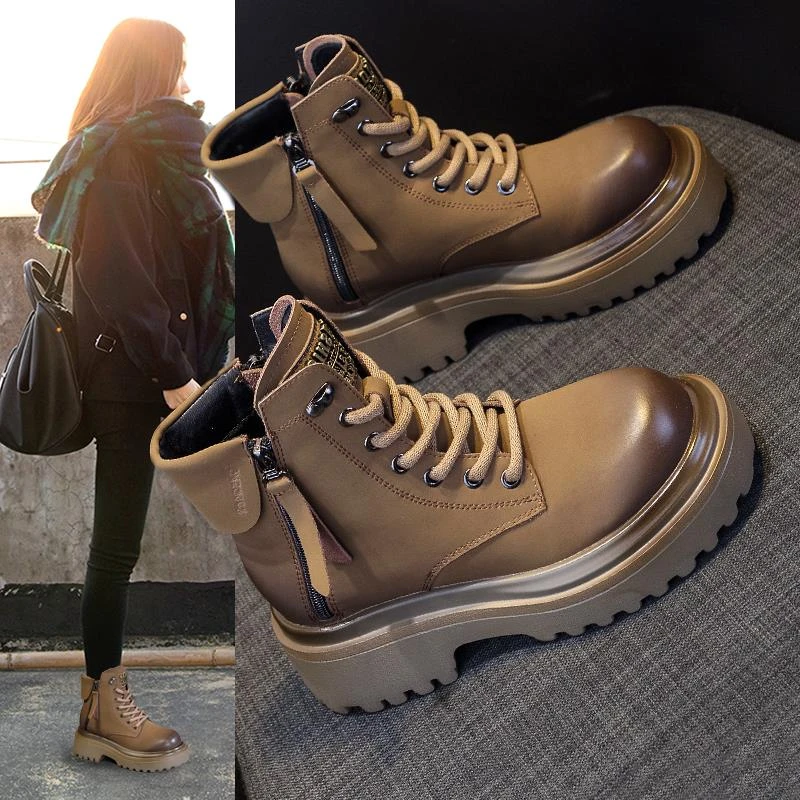 万达撤柜头层牛皮厚底马丁靴女2024春秋内增高冬季加绒英伦风短靴