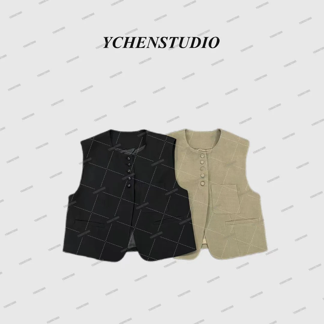 YCHENSTUDIO【念旧】圆领单排扣短款西装马夹外套早秋洋气外套MJ722