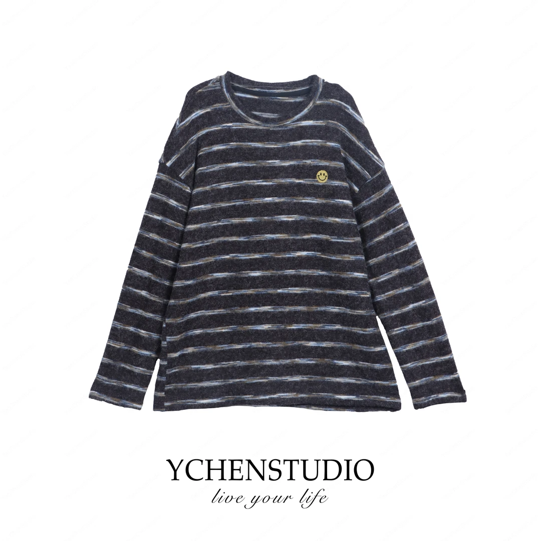 YCS【梵高】冬季新款圆领时尚条纹刺绣笑脸百搭打底衫X105