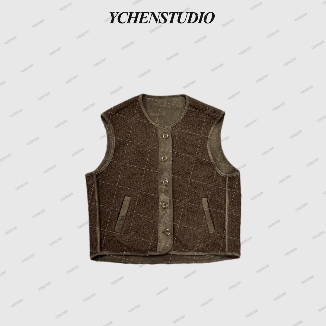 YCHENSTUDIO【茶靡】秋季新款韩版简约百搭咖色马甲MJ92556