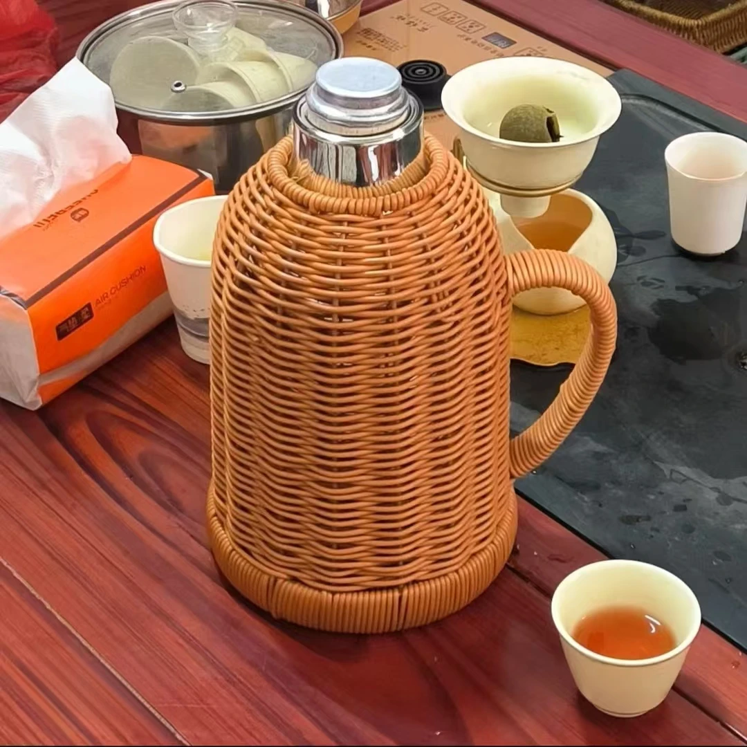 NW336手工编织复古保温瓶传统木塞家用民宿开水瓶大容量茶壶