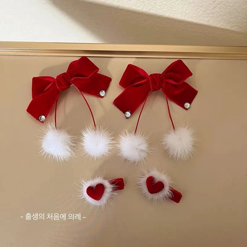 红色丝绒蝴蝶结毛球发夹日韩甜美可爱少女双马尾夹子气质新年发饰