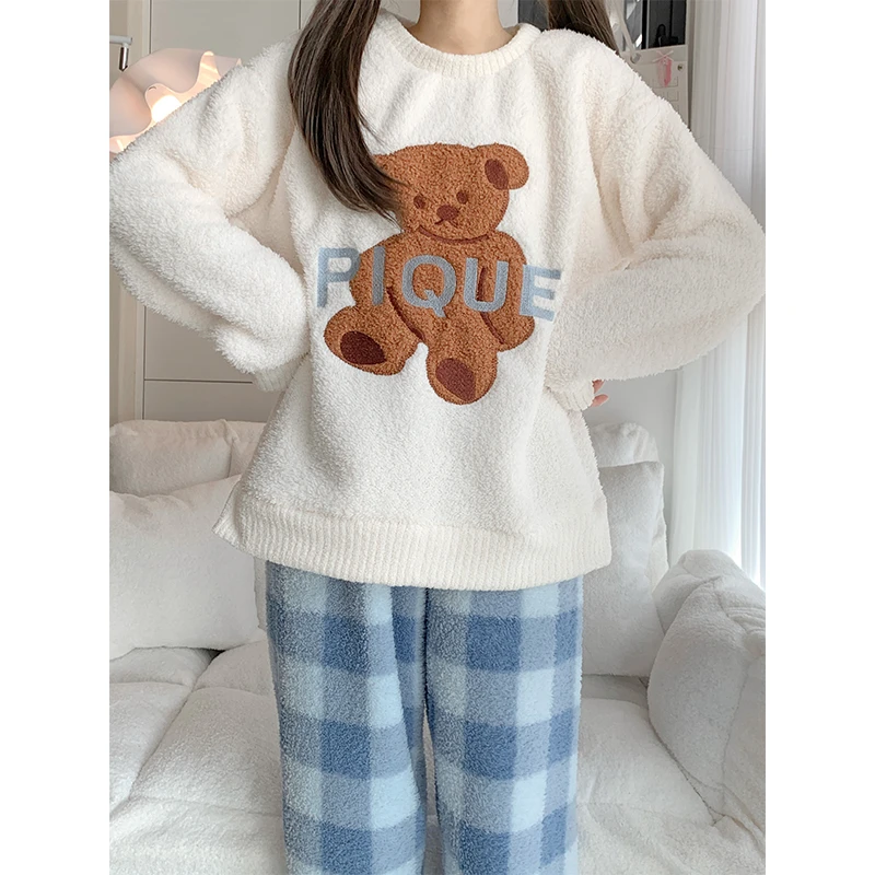 韩版可爱小熊睡衣女秋冬季加绒加厚半边绒家居服冬天可外穿套装