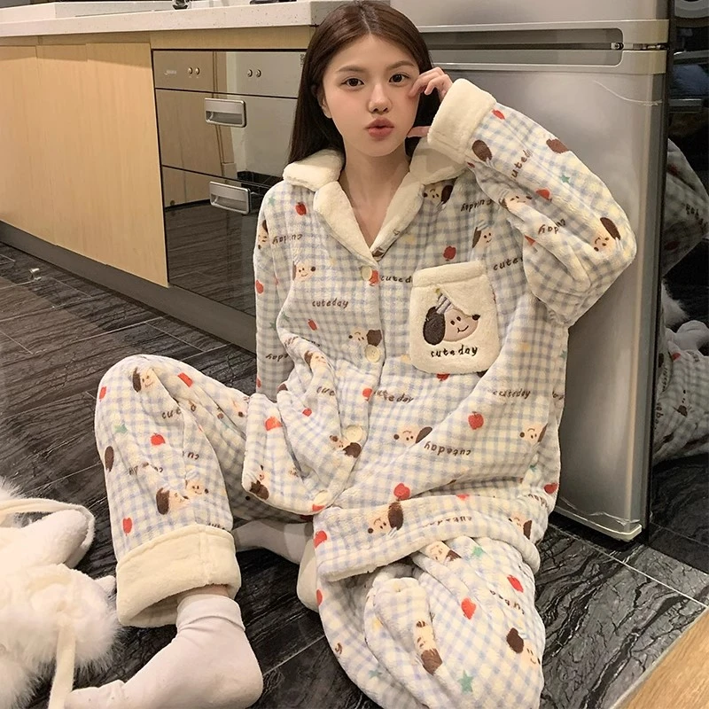 卡通格子睡衣女秋冬季加绒加厚可爱冬天保暖珊瑚绒外穿网红家居服