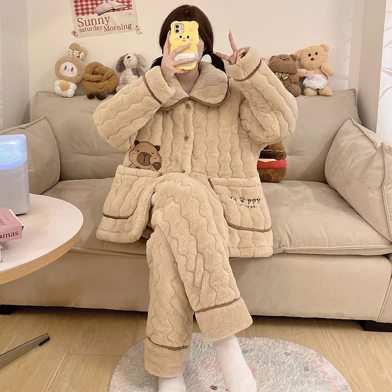 三层夹棉袄睡衣女款秋冬季2024新款加绒加厚珊瑚绒冬天外穿家居服