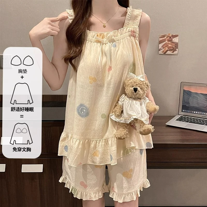 带胸垫性感吊带睡衣女夏季甜美夏天网红风两件套装家居服2024新款