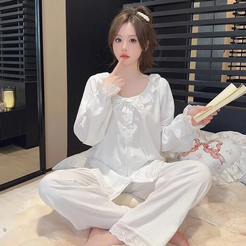 睡衣女春秋季长袖长裤甜美公主宫廷风蕾丝花边薄款夏季家居服套装