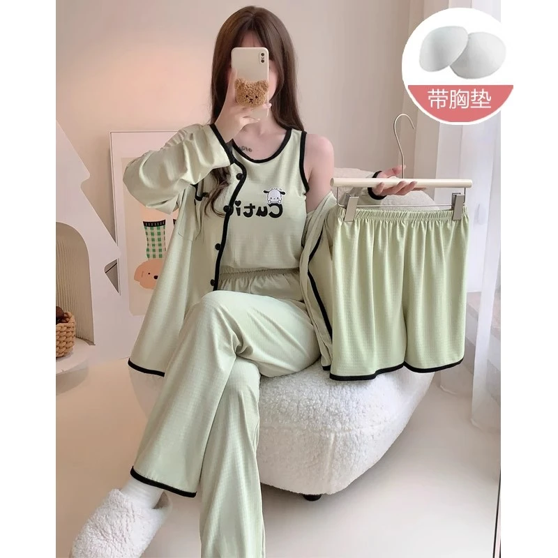 带胸垫睡衣女款春秋款棉质长袖四件套夏季吊带可爱卡通休闲家居服