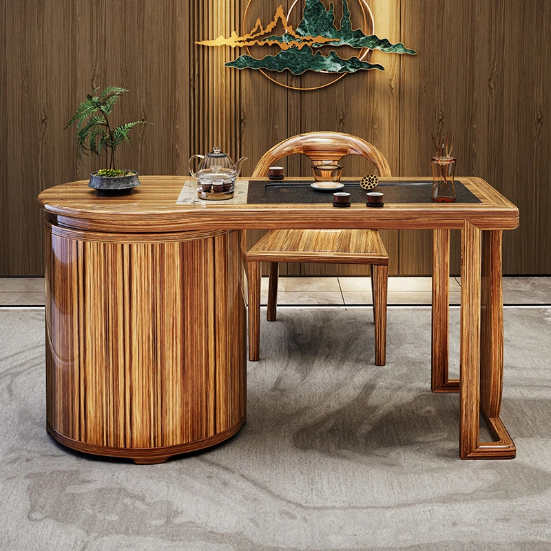 现代新中式乌金木阳台功夫茶桌家用茶具套装火烧石小泡茶台椅组合