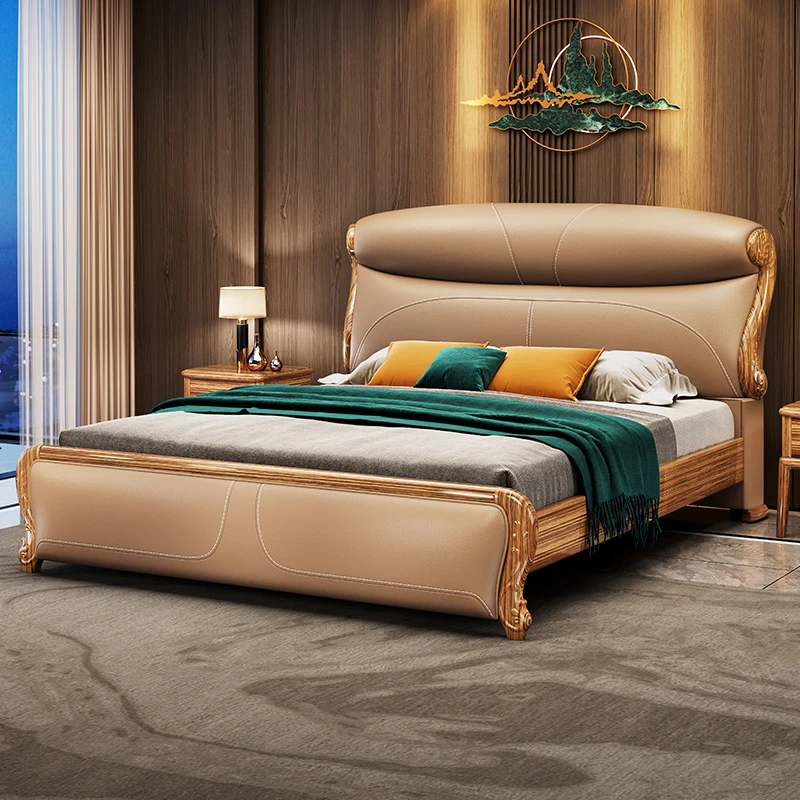 新中式乌金木真皮软包实木床1.8米双人床现代简约床主卧婚床