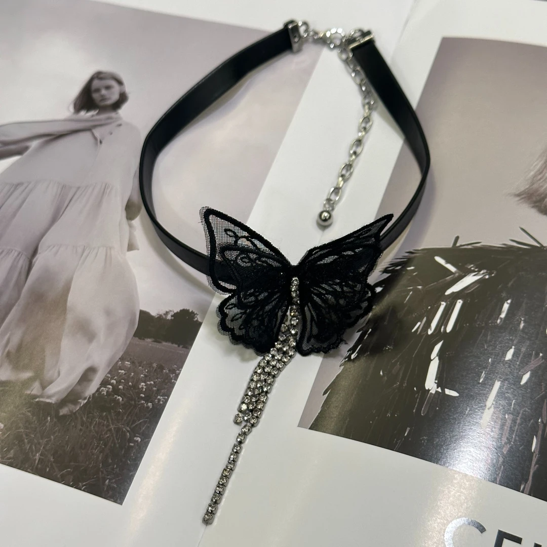 铜皮质项链 王大嘴原创 “黑蝶”小众设计皮choker流苏项链A496