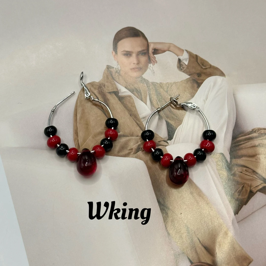 铜合金树脂耳饰 王大嘴原创 “黑红水滴”百搭红黑珠珠水滴耳圈A569