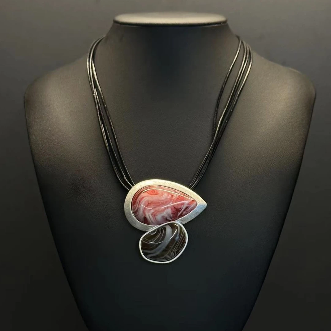 铜合金皮质项链 原创设计师款 粉棕撞色流沙质感四层皮绳项链A329