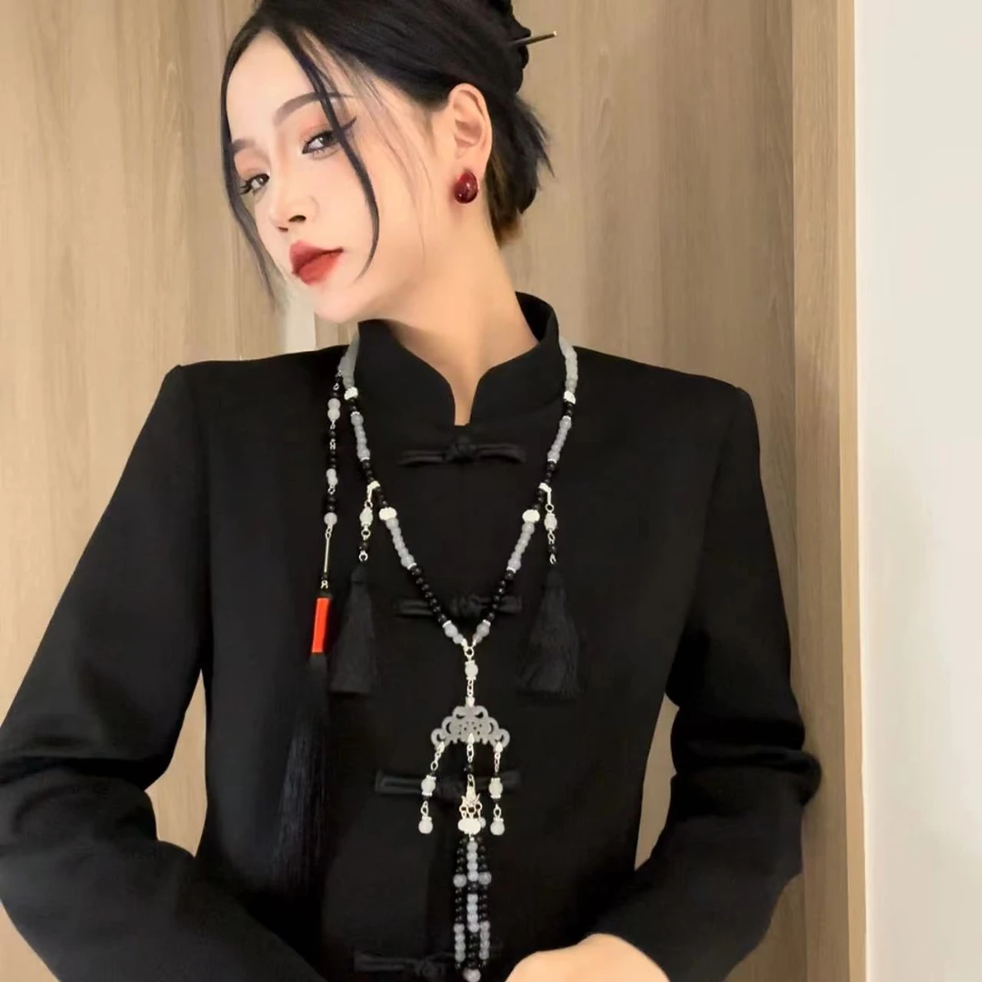 铜合金项链 王大嘴原创 国风新中式水墨串珠璎珞长流苏项链A172