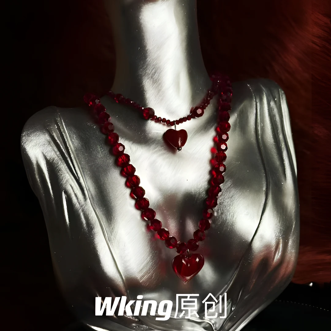 铜合金仿水晶项链 王大嘴原创 轻奢深红晶晶串珠爱心吊坠项链A170