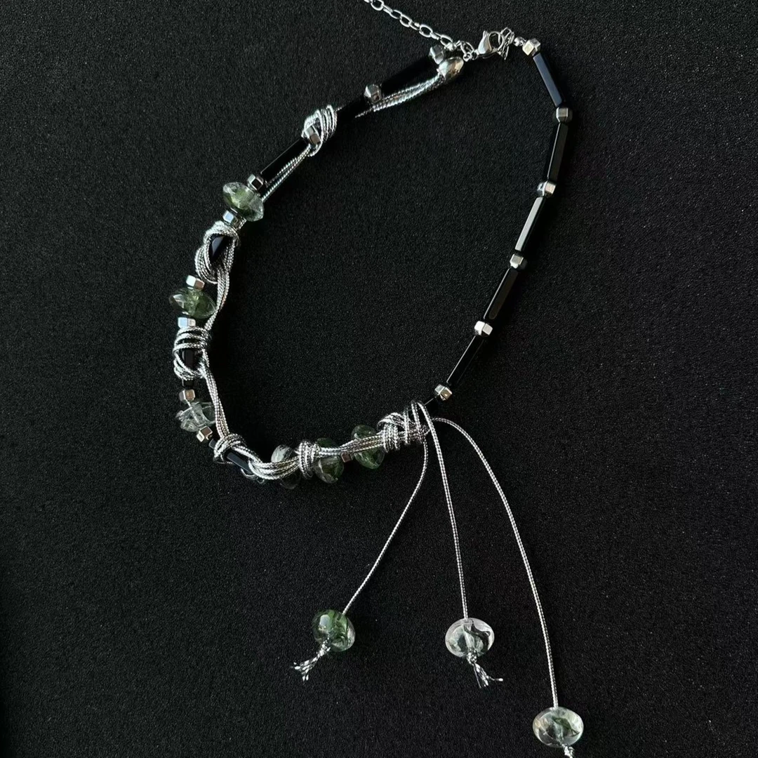 铜合金项链 设计师款 绿色石竹节串珠流苏项链A168