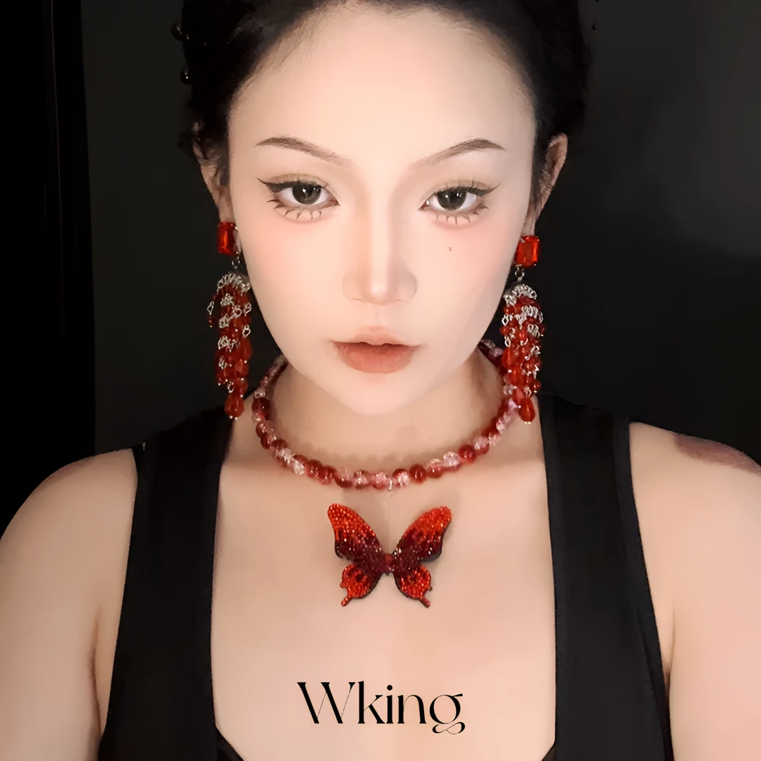 铜仿水晶项链 王大嘴原创 红白琉离红钻蝴蝶两戴款项圈A750