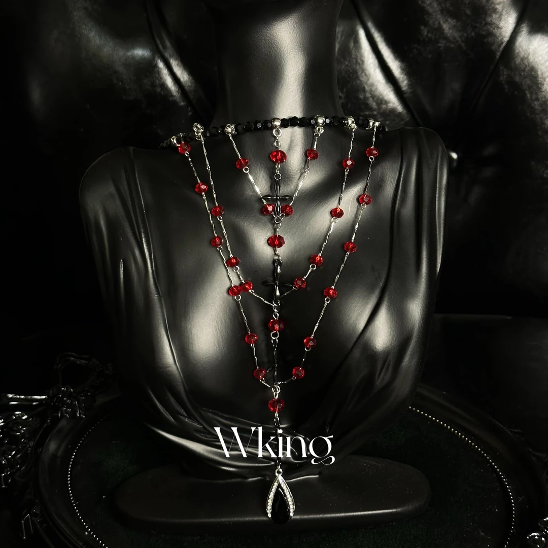 铜合金仿水晶项链 王大嘴原创 奢华黑红晶晶多层帷幔流苏项圈A176