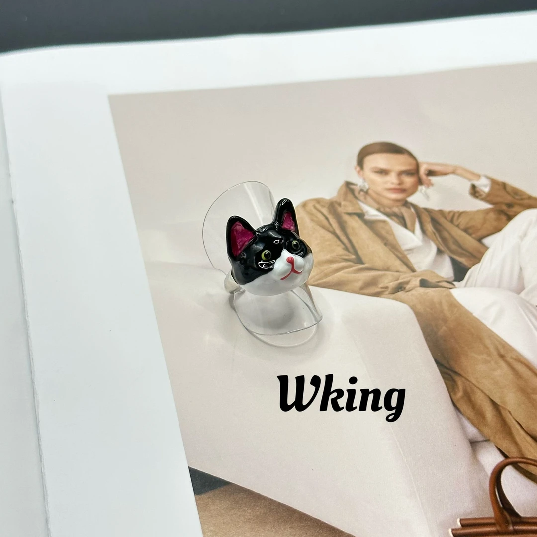 铜合金珐琅戒指 王大嘴原创 “呆萌小狗”黑色滴油小狗开口戒指A718