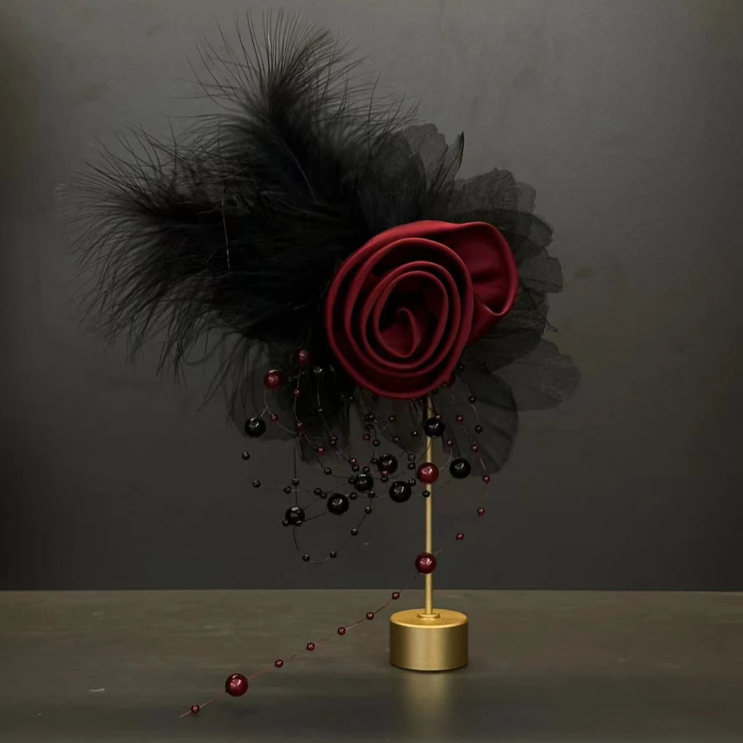 王大嘴原创 复古哥特玫瑰珠珠流苏两用胸针发卡A310