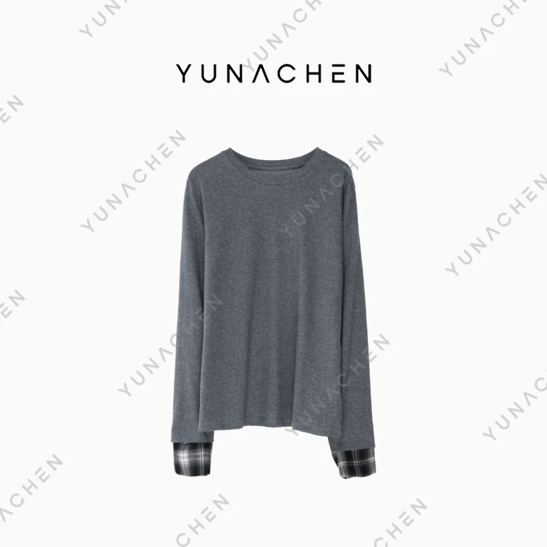 菠萝宝宝【暮凡】ZI28休闲时尚格纹袖口拼接针织长袖T恤795-9069