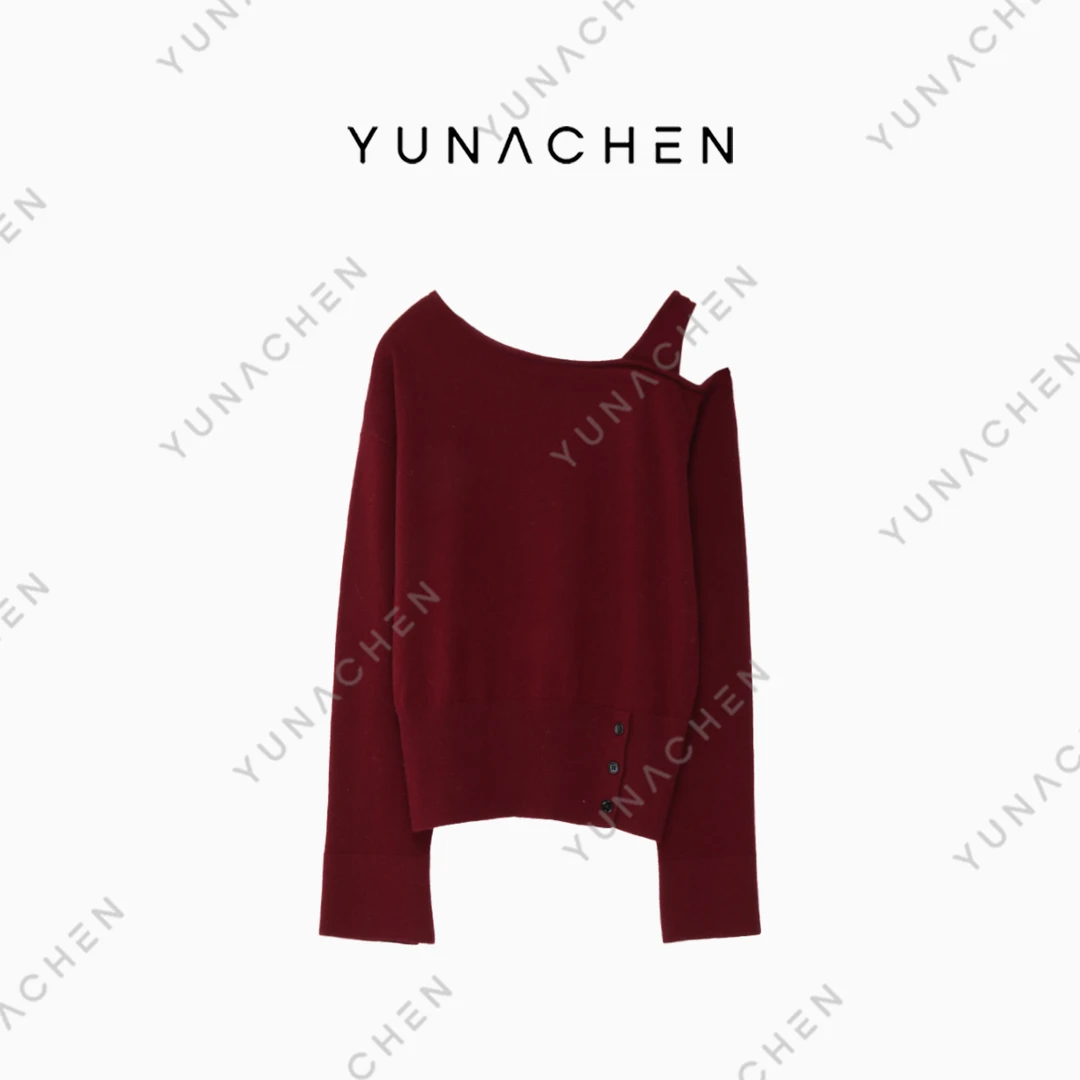 菠萝宝宝【浮梅】ZJ8保暖露肩斜肩带款开叉设计套头针织衫161-30936