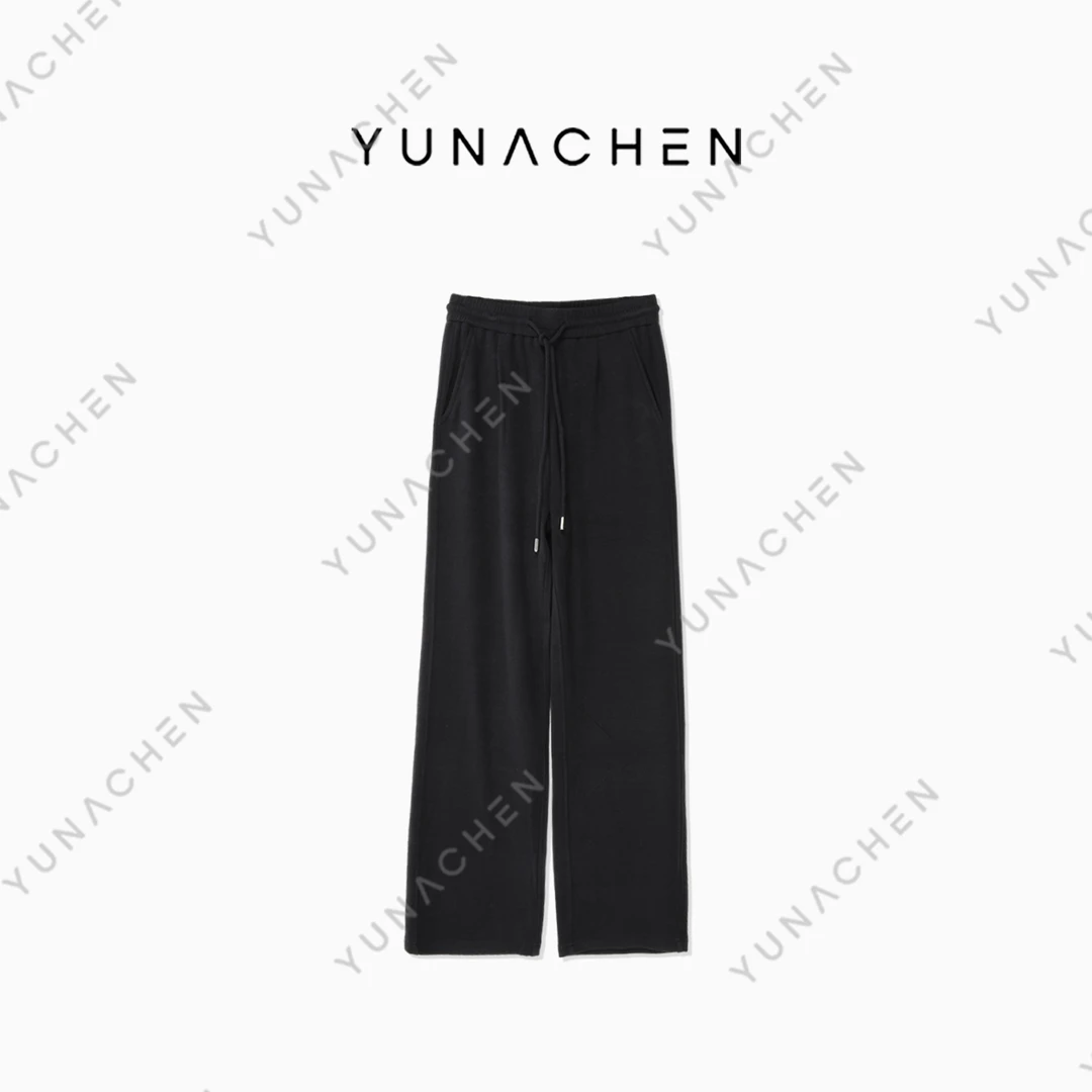 YUNACHEN【机场套装】时尚休闲卫裤轻奢直筒黑色宽松抽绳415-MM6838