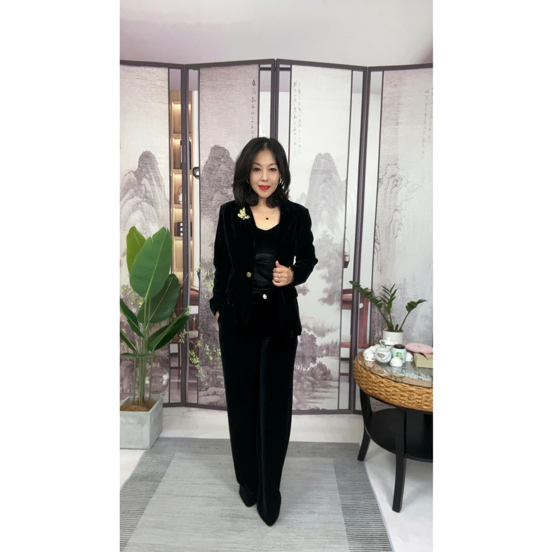 高端丝绒直筒裤新款春秋女裤轻奢气质中高腰垂感显瘦休闲裤A319