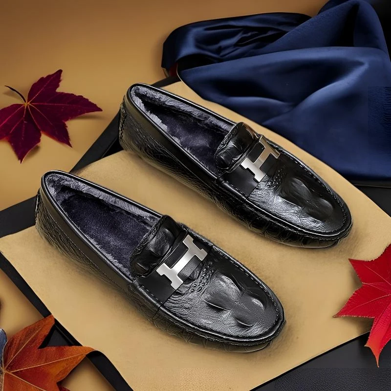 秋冬新款加绒保暖真皮豆豆鞋男 一脚蹬套脚休闲防滑高档休闲男