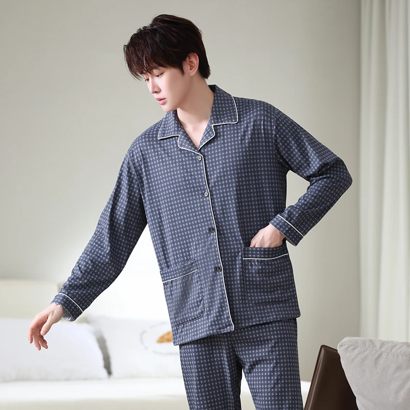 男士睡衣2025年长袖休闲翻领大码家居服春秋季中青年可外穿家居服