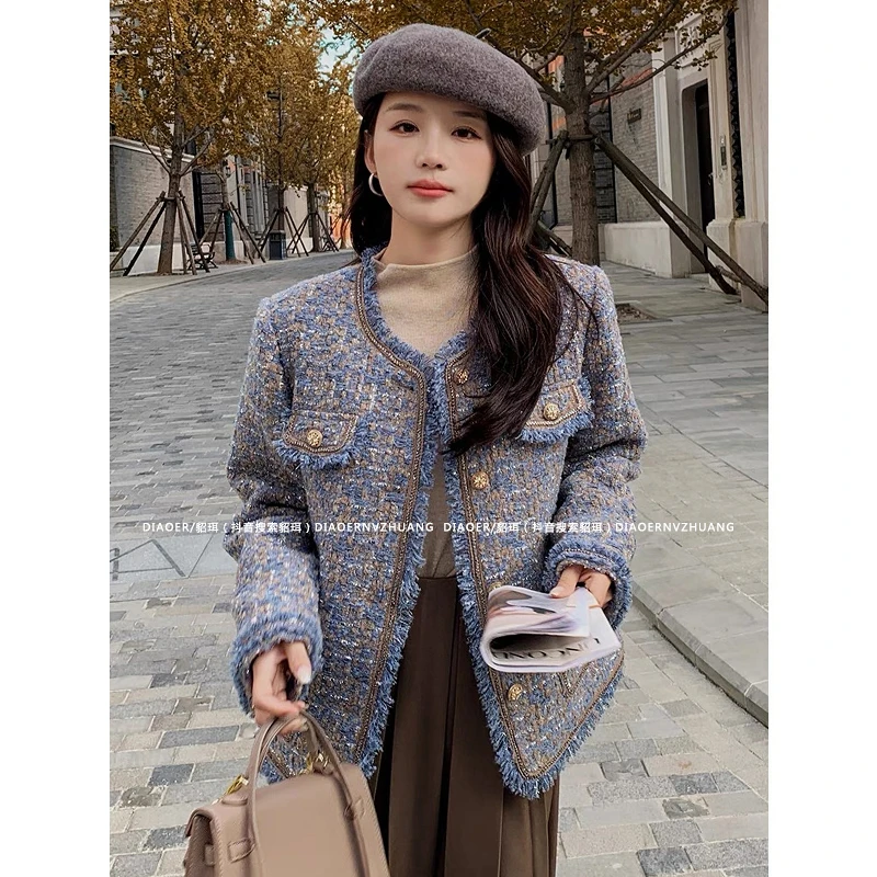 22589秋冬新款洋气亮丝流苏小香风外套冬季加厚粗花呢气质上衣