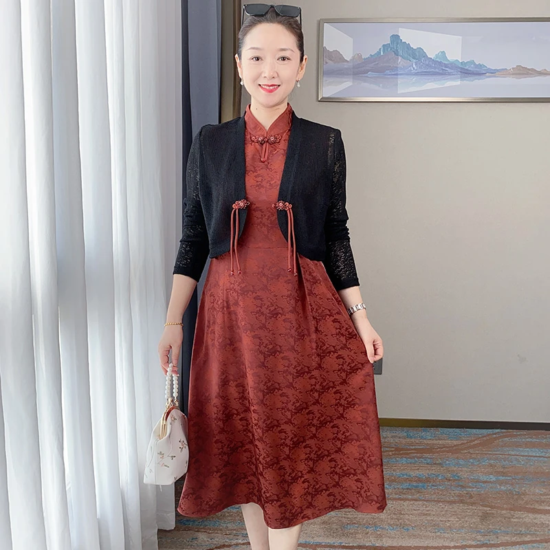 【断码特价】妈妈春装2024新时尚中长款套装裙旗袍裙两件套FE53012